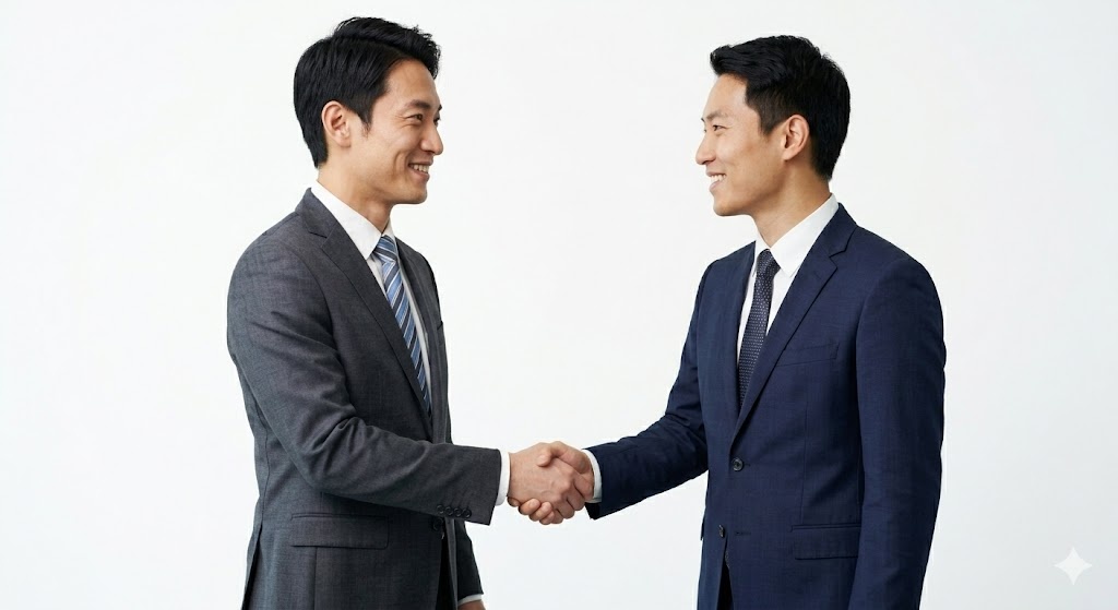 合意を固める日本人ビジネスマンの握手シーン